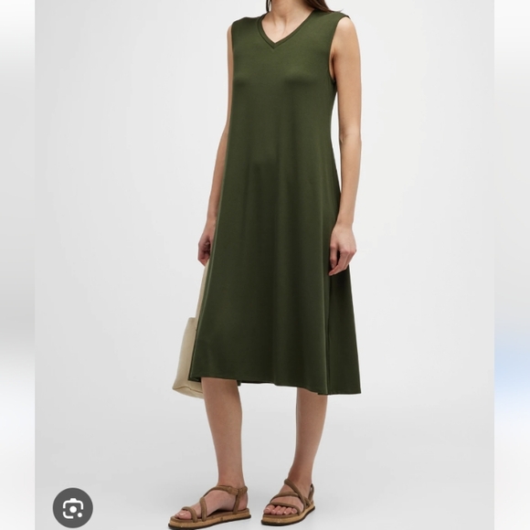 Eileen Fisher Sleeveless V-neck Jersey Midi Dress Olive Green Minimalist  Small